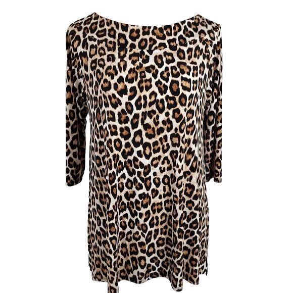 Chico's Tops - Chico's Tunic Top Sz 1 Medium Leopard Stretch Flowy 3/4 Sleeves Asymmetrical